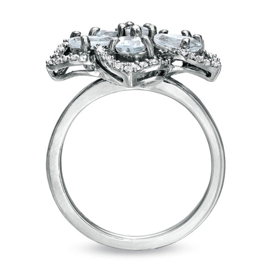 Aquamarine and White Topaz Flower Ring in Sterling Silver