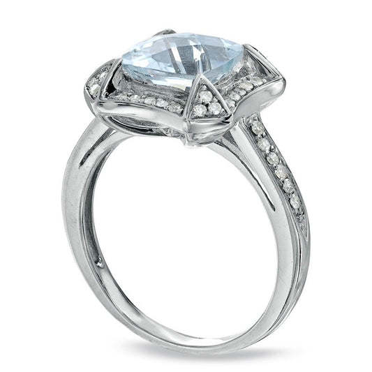 8.0mm Cushion-Cut Aquamarine and 0.25 CT. T.W. Natural Diamond Frame Ring in Sterling Silver