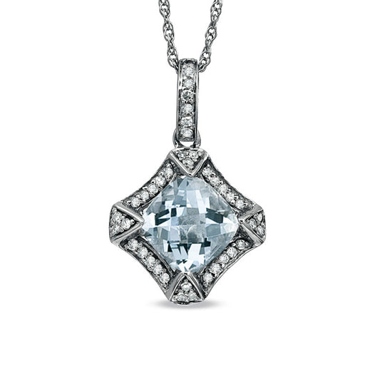 8.0mm Cushion-Cut Aquamarine and 0.2 CT. T.W. Natural Diamond Frame Pendant in Sterling Silver