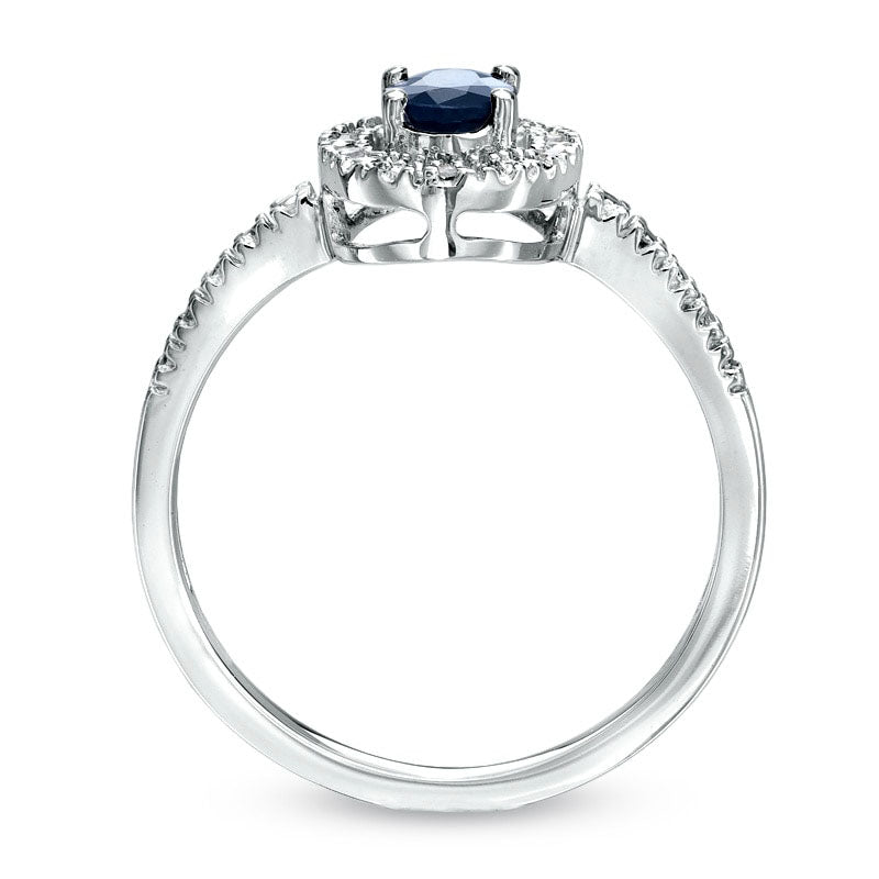 Oval Blue Sapphire and Natural Diamond Accent Framed Engagement Ring in Solid 10K White Gold
