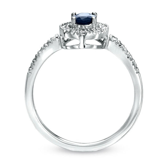 Oval Blue Sapphire and Natural Diamond Accent Framed Engagement Ring in Solid 10K White Gold