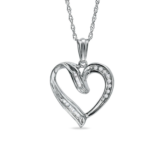 0.07 CT. T.W. Baguette and Round Natural Diamond Heart Pendant in Sterling Silver