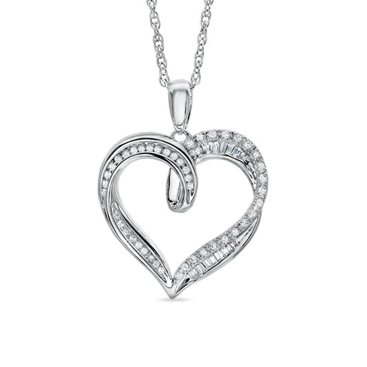0.25 CT. T.W. Round and Baguette Natural Diamond Heart Pendant in Sterling Silver
