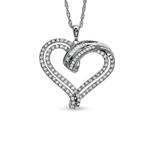 0.33 CT. T.W. Round and Baguette Natural Diamond Heart Pendant in Sterling Silver