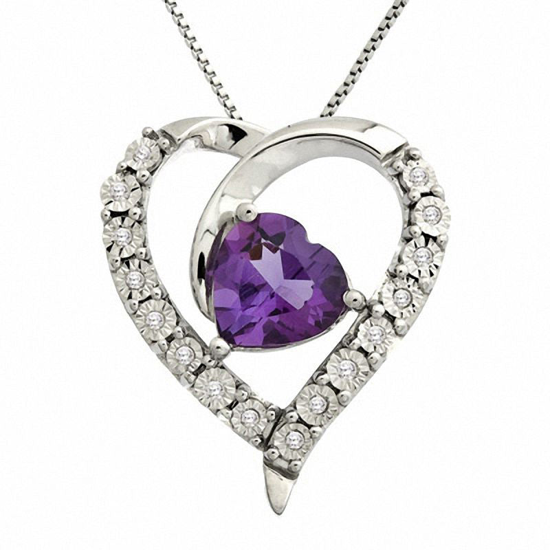 8.0mm Heart-Shaped Amethyst and 0.05 CT. T.W. Natural Diamond Pendant in Sterling Silver