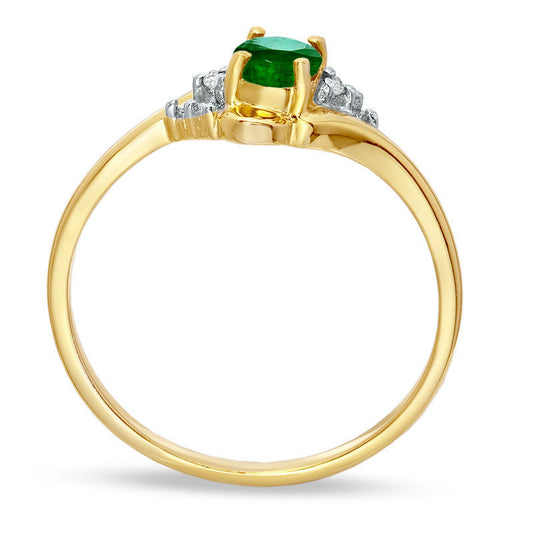 Oval Emerald and Natural Diamond Accent Swirl Ring in Solid 10K Yellow Gold