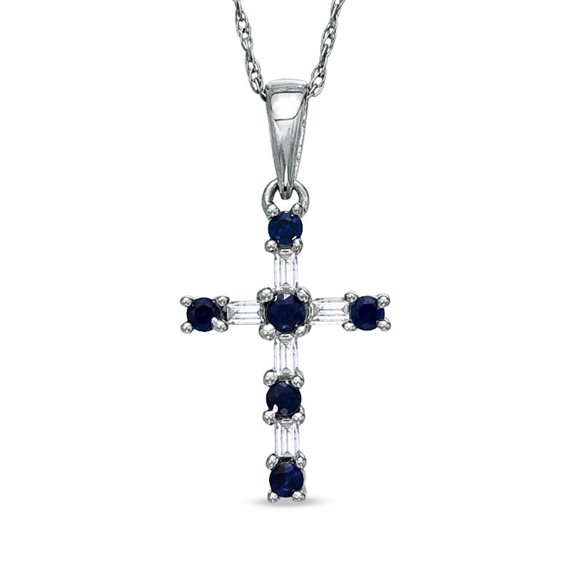Blue Sapphire and 0.1 CT. T.W. Baguette Natural Diamond Cross Pendant in 10K White Gold