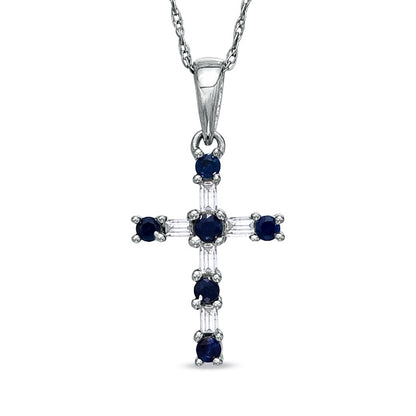 Blue Sapphire and 0.1 CT. T.W. Baguette Natural Diamond Cross Pendant in 10K White Gold