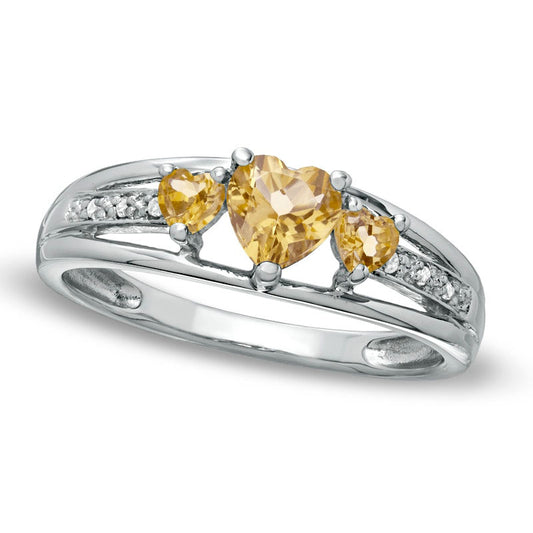 Heart-Shaped Citrine Three Stone and Natural Diamond Accent Ring in Sterling Silver
