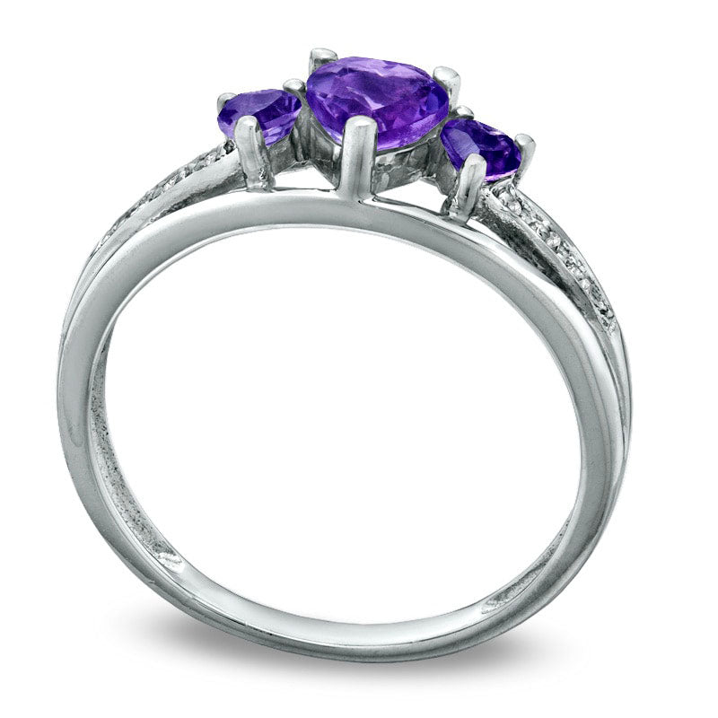 Heart-Shaped Amethyst Three Stone and Natural Diamond Accent Ring in Sterling Silver