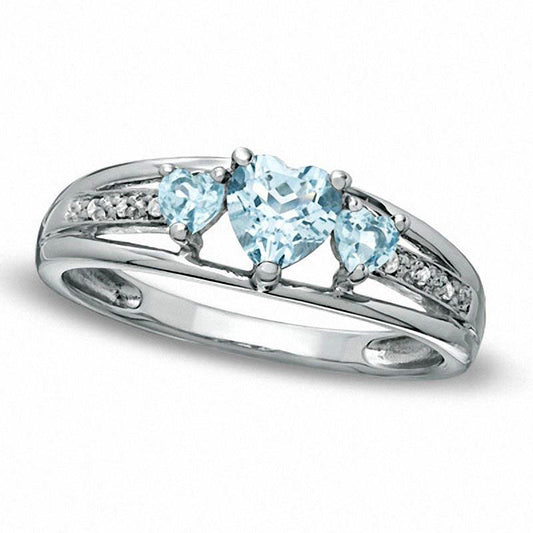 Heart-Shaped Simulated Aquamarine Three Stone and Natural Diamond Accent Ring in Sterling Silver