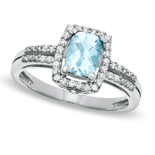 Cushion-Cut Aquamarine and White Topaz Frame Ring in Sterling Silver