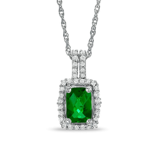 Cushion-Cut Lab-Created Emerald and White Sapphire Framed Pendant in Sterling Silver