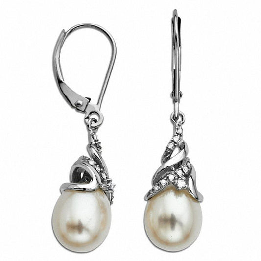 Oval Cultured Freshwater Pearl and 0.07 CT. T.W. Diamond Swirl Drop Earrings in 14K White Gold