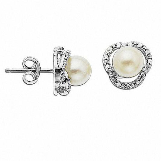 6.0 - 6.5mm Cultured Freshwater Pearl and 0.07 CT. T.W. Diamond Loop Stud Earrings in 10K White Gold