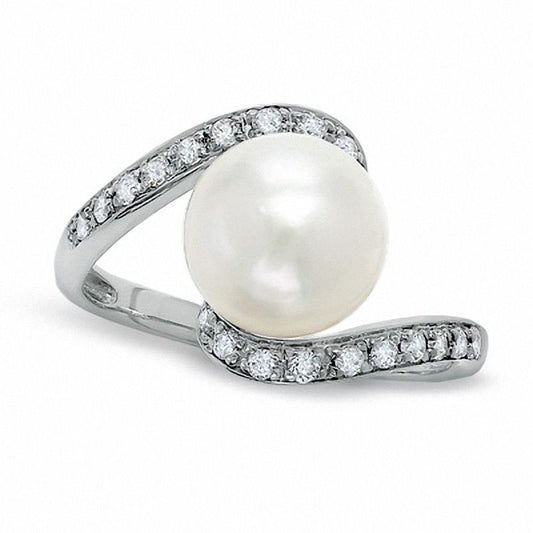 8.5mm Cultured Freshwater Pearl and 0.13 CT. T.W. Natural Diamond Bypass Ring in Solid 10K White Gold
