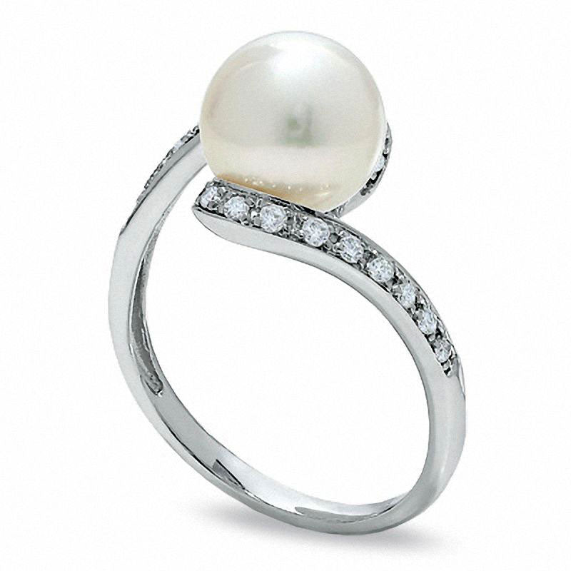 8.5mm Cultured Freshwater Pearl and 0.13 CT. T.W. Natural Diamond Bypass Ring in Solid 10K White Gold