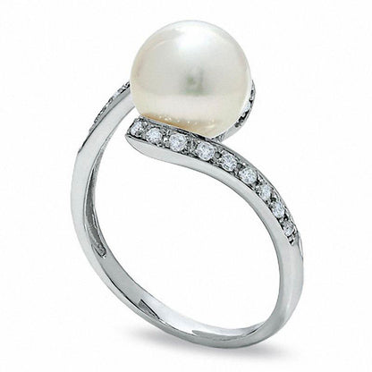 8.5mm Cultured Freshwater Pearl and 0.13 CT. T.W. Natural Diamond Bypass Ring in Solid 10K White Gold