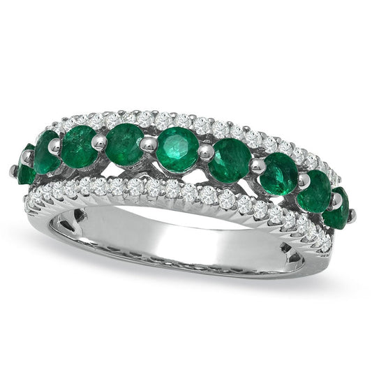 Emerald Nine Stone Band in Solid 10K White Gold with Natural Diamond Accents