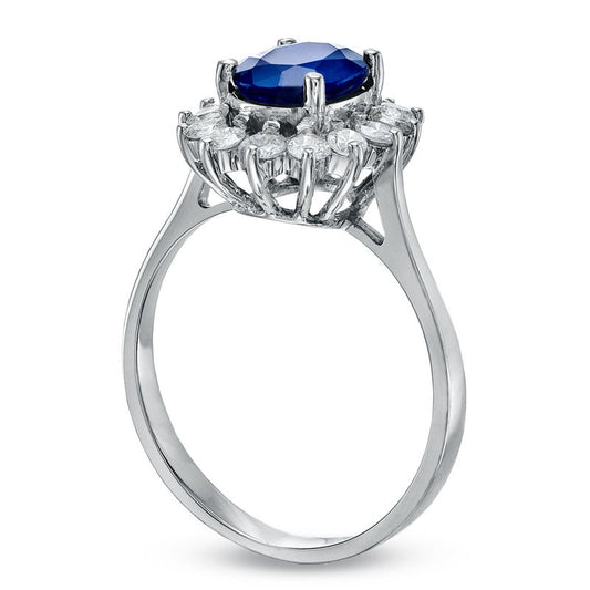 Oval Blue Sapphire and 0.38 CT. T.W. Natural Diamond Frame Engagement Ring in Solid 14K White Gold
