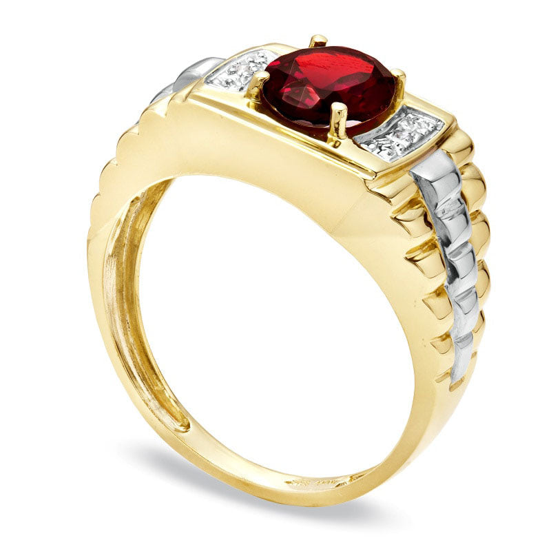 Men's Oval Garnet and Natural Diamond Accent Ring in Solid 10K Yellow Gold