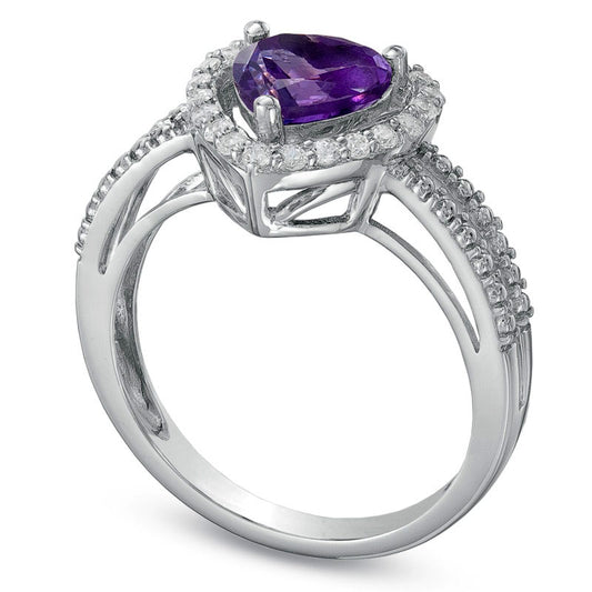 7.0mm Heart-Shaped Amethyst and Lab-Created White Sapphire Heart Frame Ring in Sterling Silver