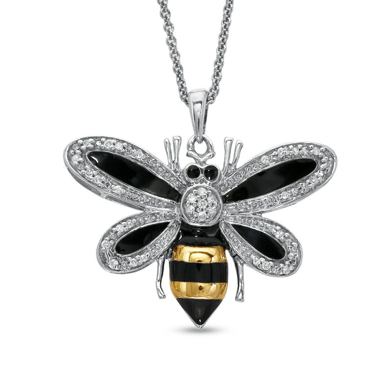 0.1 CT. T.W. Natural Diamond with Black and Yellow Enamel Bee Pendant in Sterling Silver