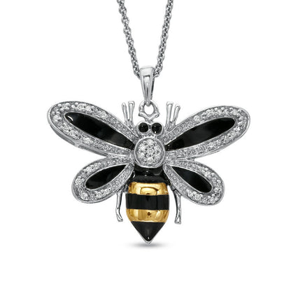 0.1 CT. T.W. Natural Diamond with Black and Yellow Enamel Bee Pendant in Sterling Silver