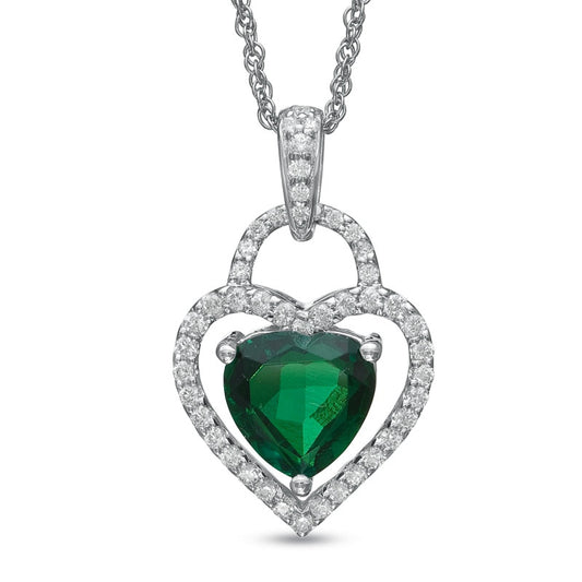 8.0mm Heart-Shaped Lab-Created Emerald and White Sapphire Double Heart Pendant in Sterling Silver