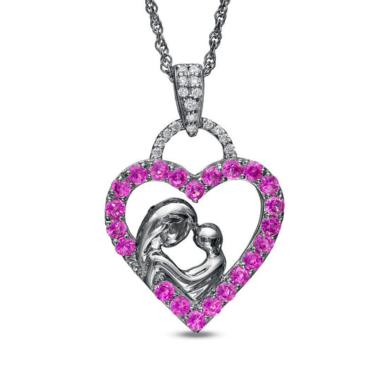 Lab-Created Pink and White Sapphire Motherly Love Heart Pendant in Sterling Silver