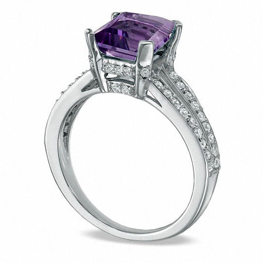 Princess-Cut Amethyst and 0.25 CT. T.W. Natural Diamond Engagement Ring in Solid 10K White Gold