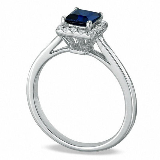 Princess-Cut Lab-Created Blue Sapphire and 0.14 CT. T.W. Diamond Engagement Ring in Solid 10K White Gold