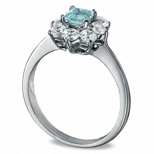 4.0mm Princess-Cut Aquamarine and Lab-Created White Sapphire Flower Ring in Solid 10K White Gold