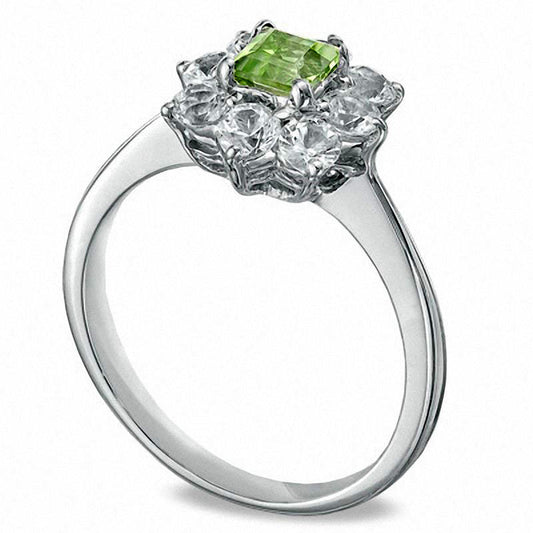 4.0mm Princess-Cut Peridot and Lab-Created White Sapphire Flower Ring in Solid 10K White Gold