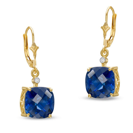 10.0mm Cushion-Cut Lab-Created Blue Sapphire and Diamond Accent Drop Earrings in 10K Gold