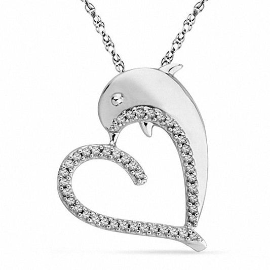 0.13 CT. T.W. Natural Diamond Dolphin Heart Pendant in Sterling Silver