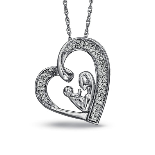 0.2 CT. T.W. Natural Diamond Motherly Love Tilted Heart Pendant in Sterling Silver