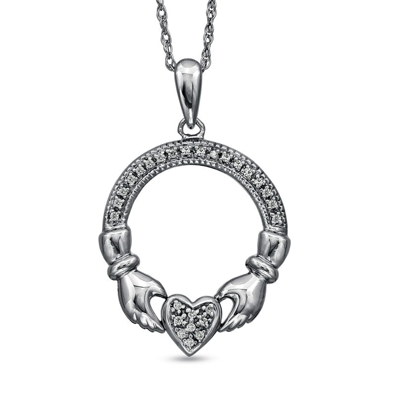 Natural Diamond Accent Claddagh Circle Pendant in Sterling Silver