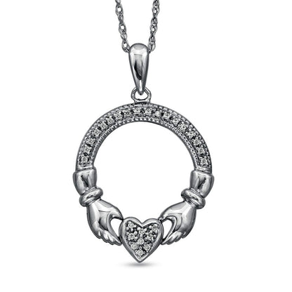 Natural Diamond Accent Claddagh Circle Pendant in Sterling Silver