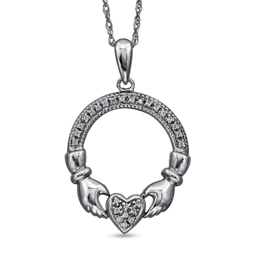 Natural Diamond Accent Claddagh Circle Pendant in Sterling Silver