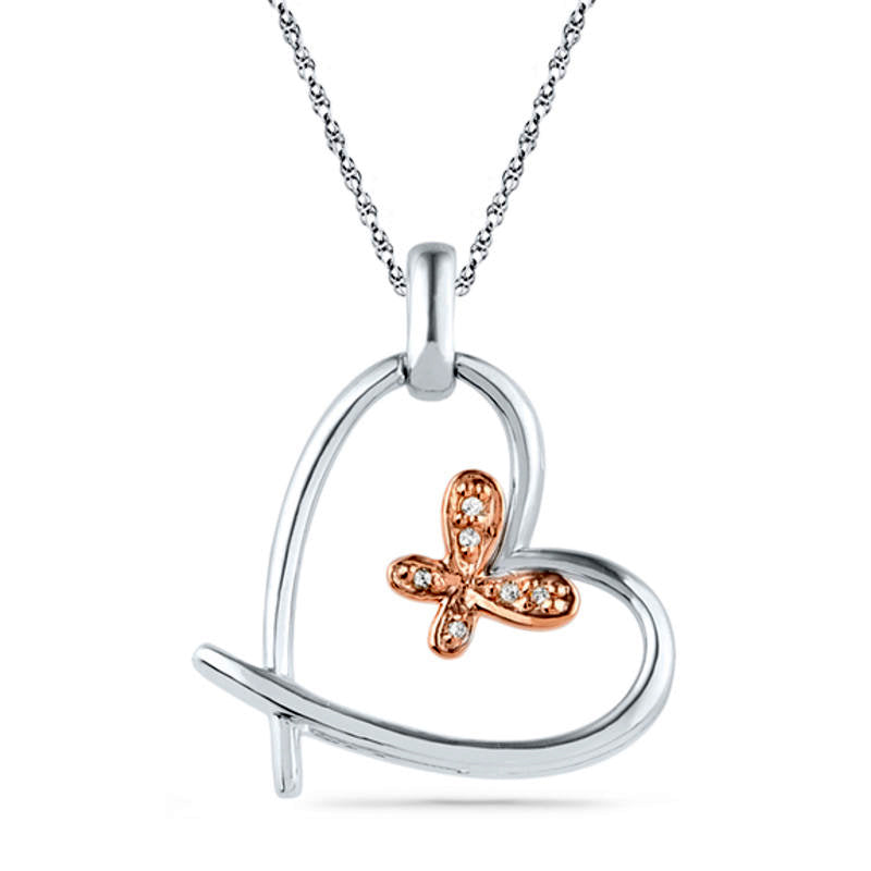 Natural Diamond Accent Butterfly Tilted Heart Pendant in Sterling Silver and 10K Rose Gold