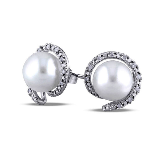 8.0 - 8.5mm Cultured Freshwater Pearl and 0.1 CT. T.W. Diamond Frame Stud Earrings in 10K White Gold