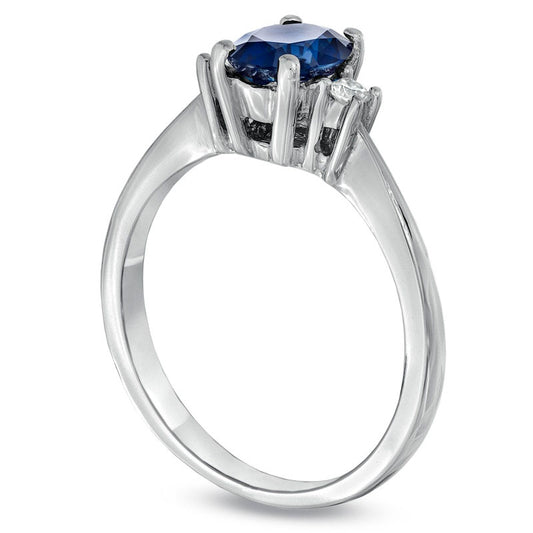 Oval Blue Sapphire and Natural Diamond Accent Engagement Ring in Solid 14K White Gold
