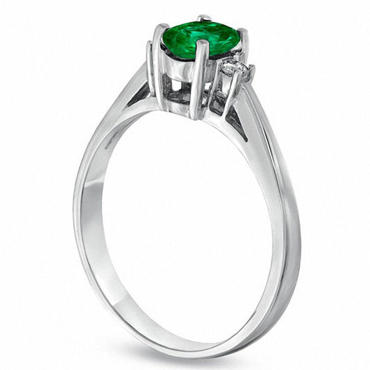Oval Emerald and Natural Diamond Accent Engagement Ring in Solid 14K White Gold