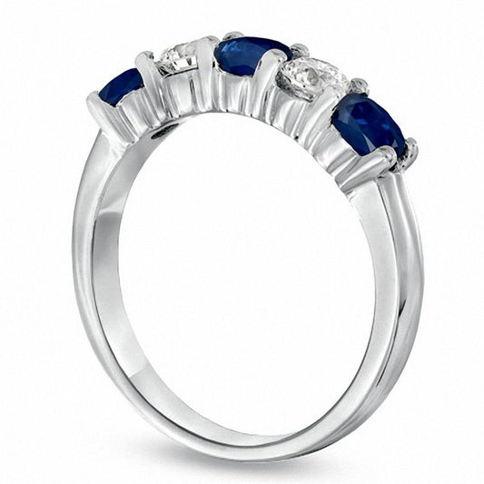 Blue Sapphire and 0.38 CT. T.W. Natural Diamond Five Stone Band in Solid 14K White Gold
