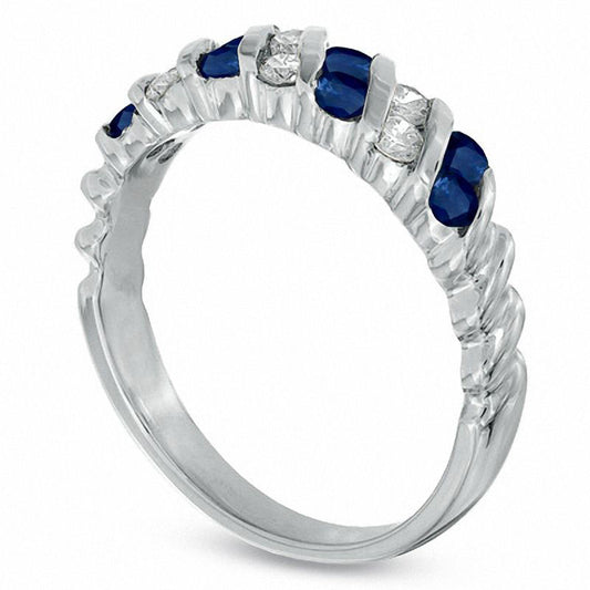 Blue Sapphire and 0.25 CT. T.W. Natural Diamond Slant Band in Solid 14K White Gold