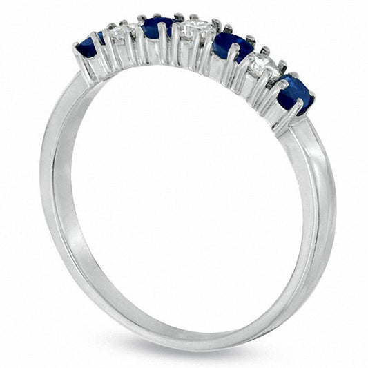 Blue Sapphire and 0.14 CT. T.W. Natural Diamond Seven Stone Band in Solid 14K White Gold