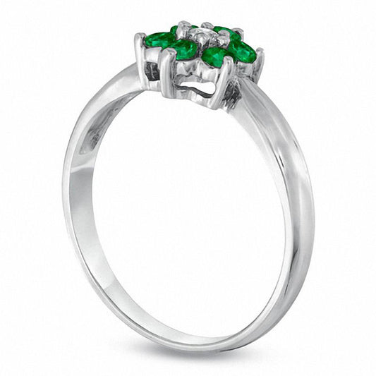 Emerald and Natural Diamond Accent Flower Ring in Solid 14K White Gold