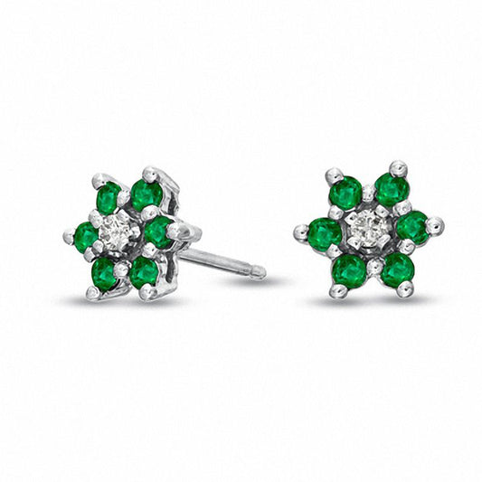 Emerald and Diamond Accent Flower Stud Earrings in 14K White Gold
