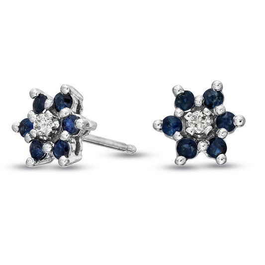 Blue Sapphire and Diamond Accent Flower Stud Earrings in 14K White Gold